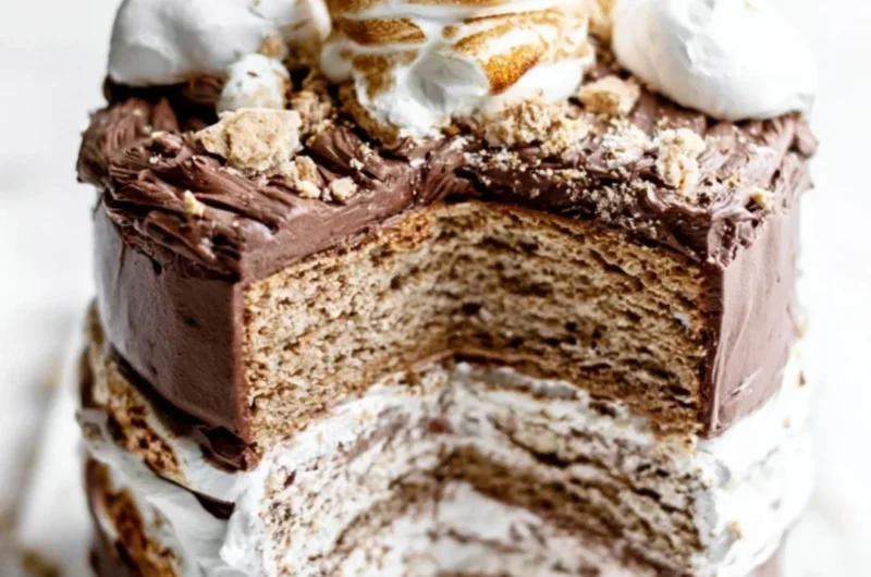 Delicious S'mores Layer Cake with chocolate layers and marshmallow frosting