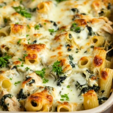 Delicious Spinach Artichoke Chicken Casserole topped with cheese and herbs.