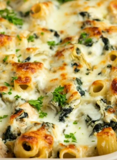 Delicious Spinach Artichoke Chicken Casserole topped with cheese and herbs.