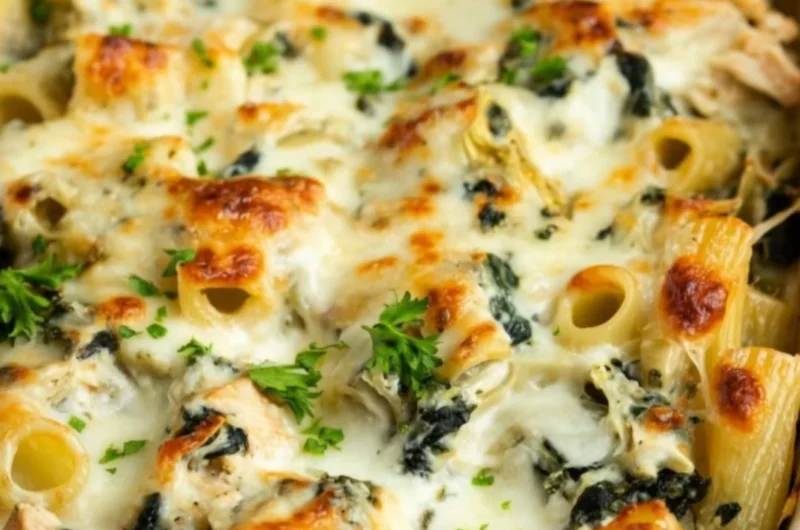 Delicious Spinach Artichoke Chicken Casserole topped with cheese and herbs.