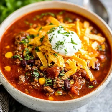Hearty bowl of Taco Soup topped with cheese and cilantro