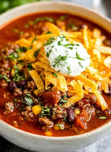 Hearty bowl of Taco Soup topped with cheese and cilantro