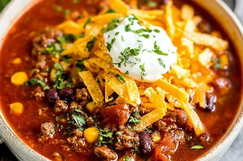 Hearty bowl of Taco Soup topped with cheese and cilantro
