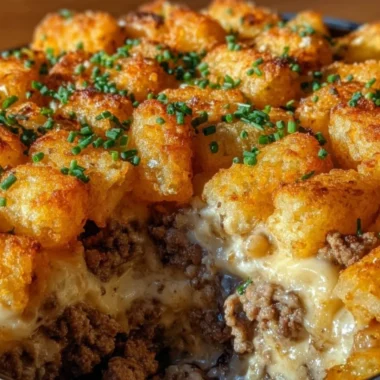 Tater Tot Casserole with Ground Beef topped with golden crispy tater tots