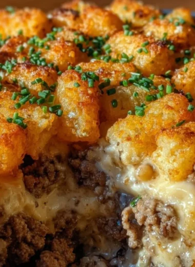 Tater Tot Casserole with Ground Beef topped with golden crispy tater tots