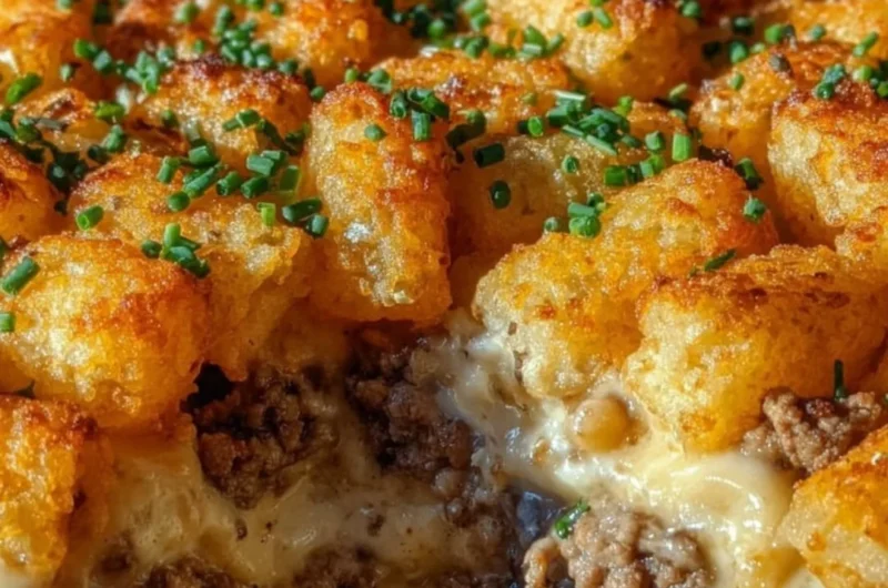 Tater Tot Casserole with Ground Beef topped with golden crispy tater tots