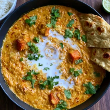 Delicious vegan red lentil sweet potato curry served in a bowl