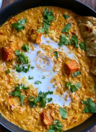 Delicious vegan red lentil sweet potato curry served in a bowl