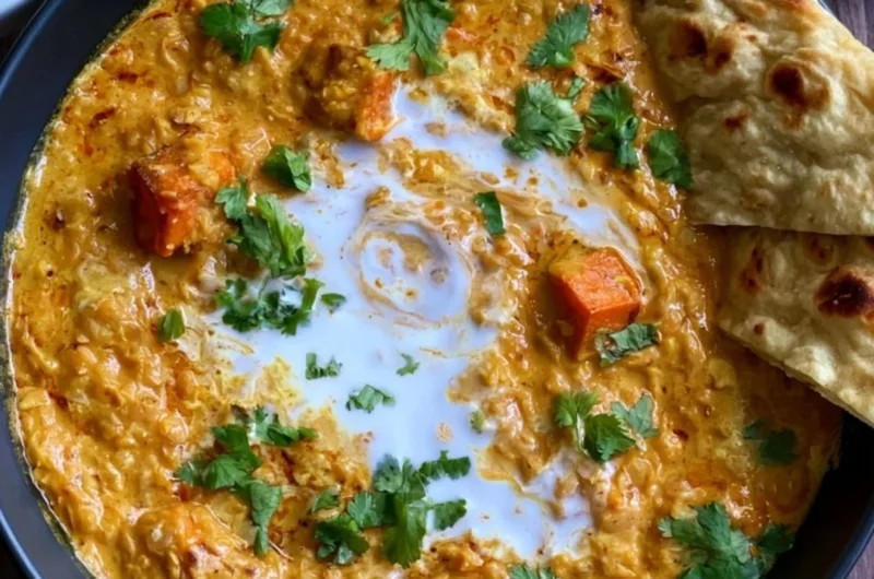 Delicious vegan red lentil sweet potato curry served in a bowl
