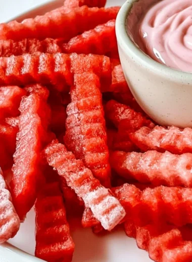 Plate of TikTok watermelon fries with a side of strawberry yogurt dip
