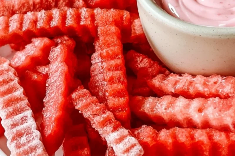 Plate of TikTok watermelon fries with a side of strawberry yogurt dip