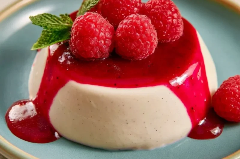Delicious vegan vanilla panna cotta topped with fresh berries and mint leaves.