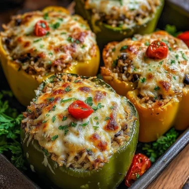 Colorful vegetarian stuffed bell peppers filled with grains and vegetables