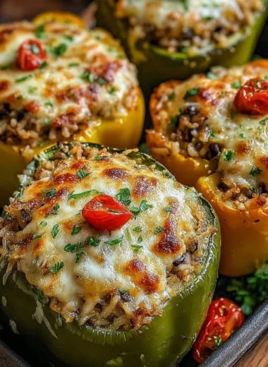 Colorful vegetarian stuffed bell peppers filled with grains and vegetables