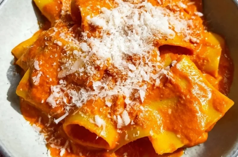 Delicious vodka pasta dish garnished with fresh basil and grated cheese
