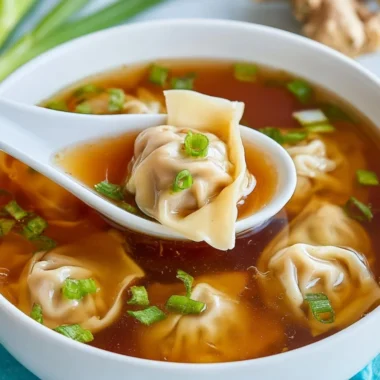 A bowl of steaming wonton soup garnished with green onions and herbs.