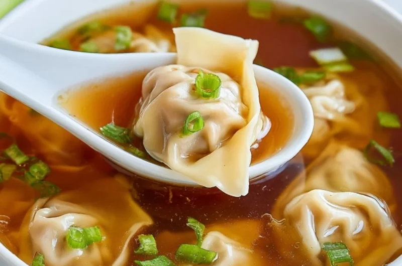 A bowl of steaming wonton soup garnished with green onions and herbs.