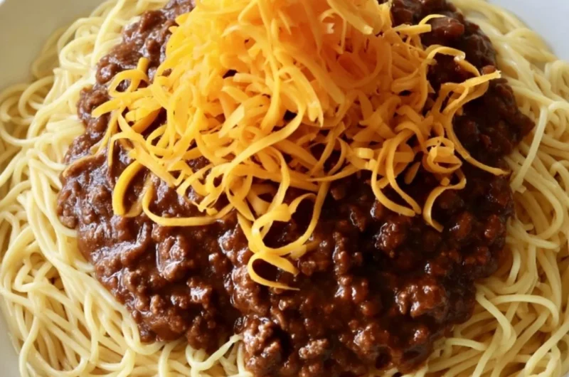 A bowl of cozy Cincinnati chili served for an easy weeknight dinner