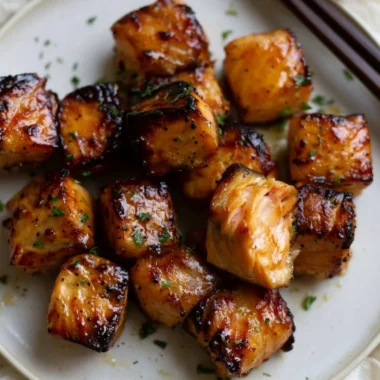 Air fryer honey garlic salmon bites served on a plate garnished with herbs