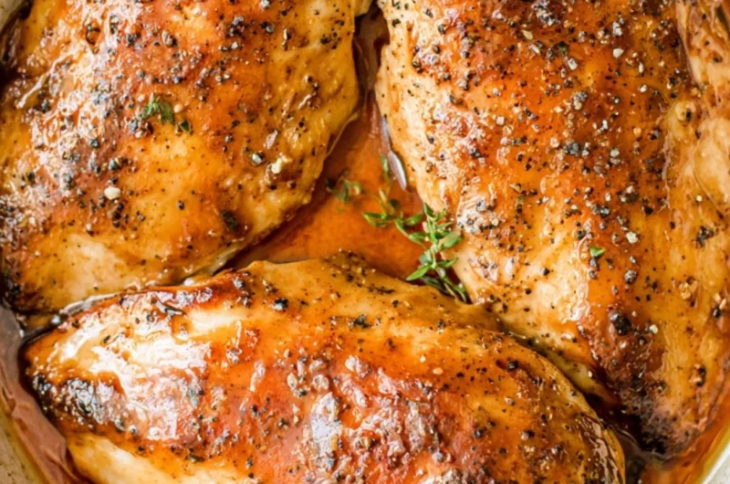 Juicy brown sugar garlic chicken breasts garnished with herbs