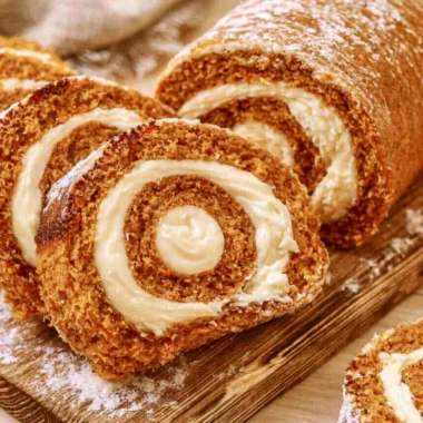 Delicious Copycat Libby's Pumpkin Roll dessert on a rustic wooden table