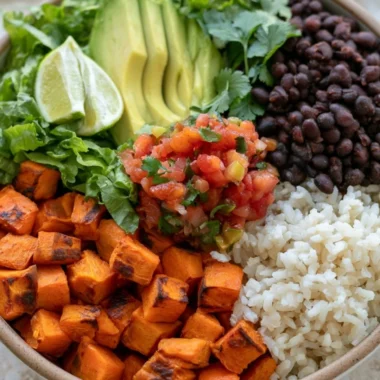 Cozy black bean and sweet potato burrito bowls garnished and ready to serve.