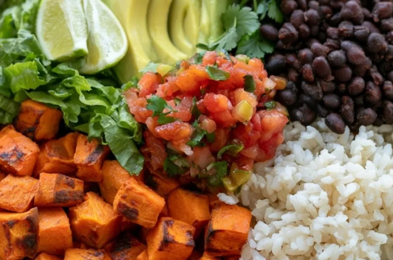 Cozy black bean and sweet potato burrito bowls garnished and ready to serve.