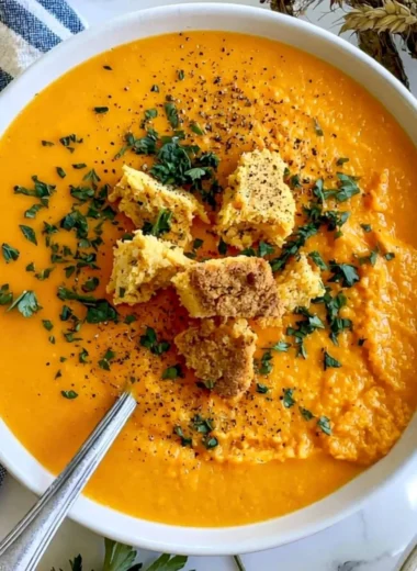 Bowl of cozy butternut squash soup garnished with herbs