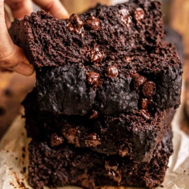 Cozy chocolate pumpkin bread with chocolate chips and spiced pumpkin filling