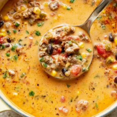 Bowl of cozy creamy taco soup topped with cheese and cilantro.