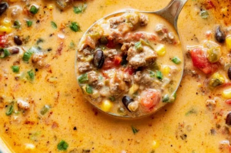 Bowl of cozy creamy taco soup topped with cheese and cilantro.