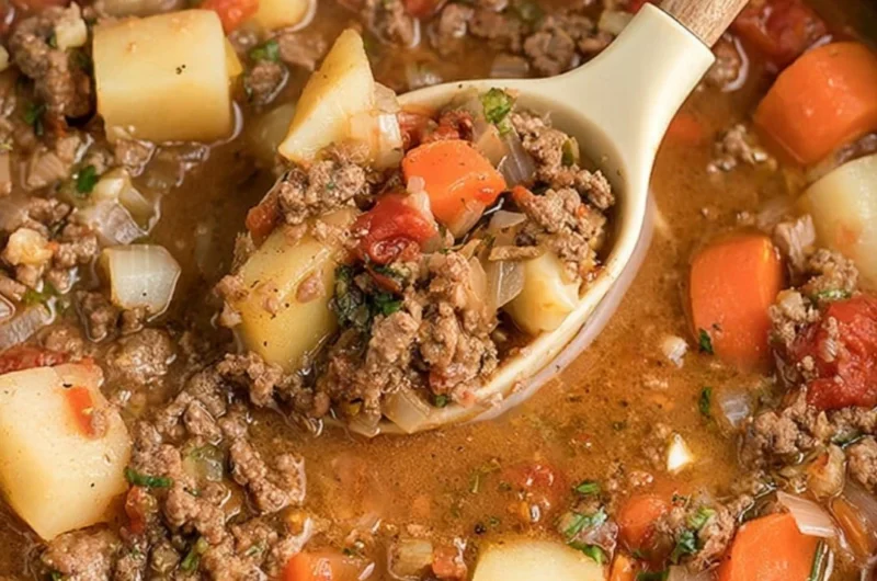 Cozy Crock Pot Poor Man's Stew filled with vegetables and meat