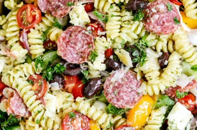 Cozy Italian Pasta Salad with tomatoes, olives, and fresh basil in a bowl