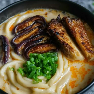 Cozy miso udon noodle soup with teriyaki mushrooms in a bowl