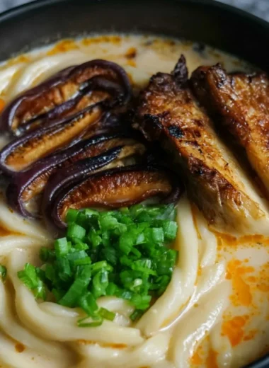 Cozy miso udon noodle soup with teriyaki mushrooms in a bowl