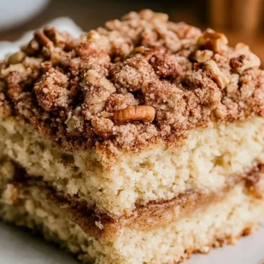 Cozy sourdough coffee cake topped with crumbly streusel and served on a plate.