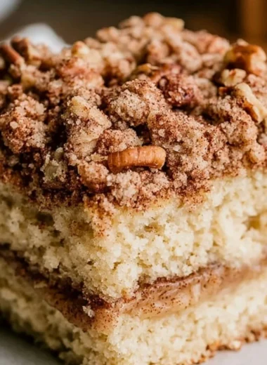 Cozy sourdough coffee cake topped with crumbly streusel and served on a plate.