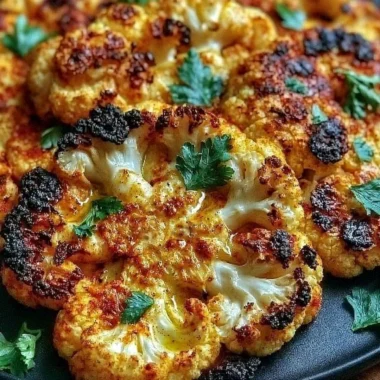 Crispy baked cauliflower steaks served on a plate with garnish