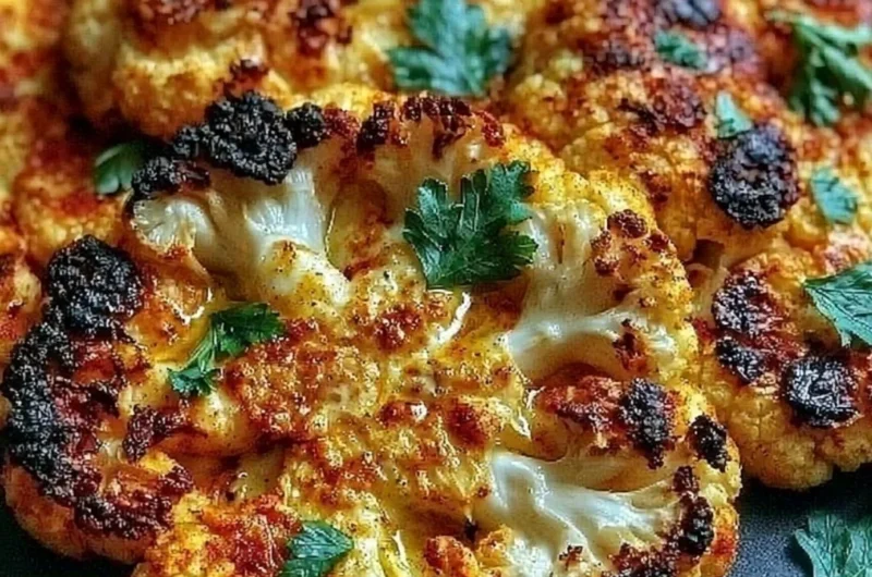 Crispy baked cauliflower steaks served on a plate with garnish