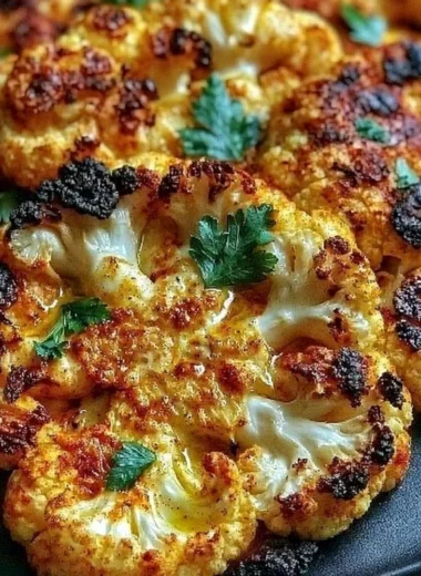 Crispy baked cauliflower steaks garnished with herbs on a plate.