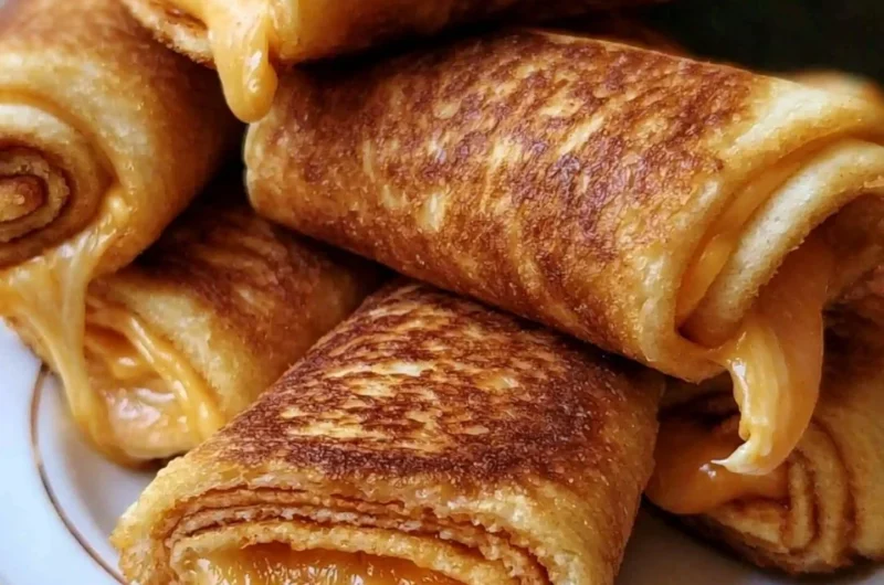 Plate of crispy cheesy roll ups, a tasty snack with melted cheese.