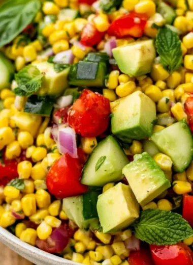 Delicious Fresh Corn Salad with colorful vegetables and dressing served in a bowl.