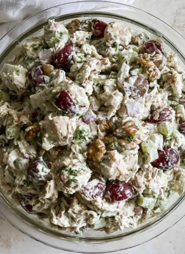 Healthy chicken salad without mayo served in a bowl with fresh ingredients