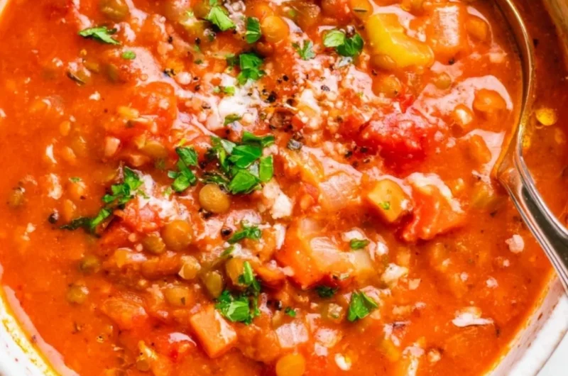 Bowl of Mediterranean Lentil Soup with fresh vegetables and herbs