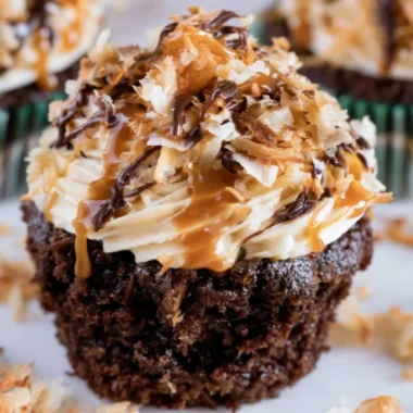 Delicious Samoas Cupcakes with coconut and chocolate topping