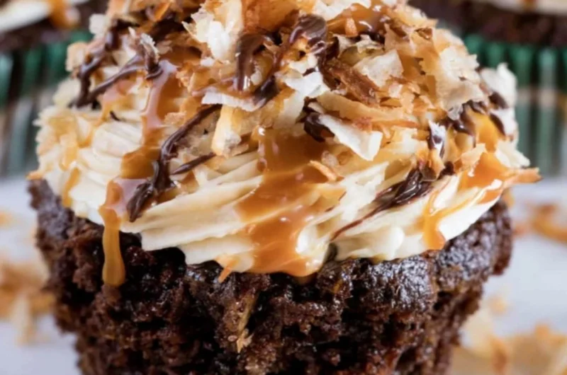 Delicious Samoas Cupcakes with coconut and chocolate topping