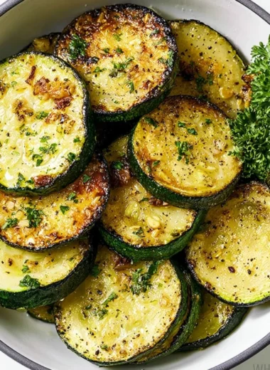 Delicious sautéed zucchini served as a side dish with garlic and herbs.