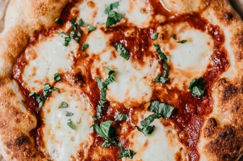 Delicious homemade sourdough pizza crust topped with fresh ingredients
