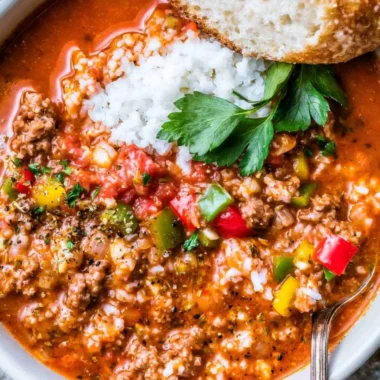 Bowl of delicious stuffed bell pepper soup garnished with fresh herbs.