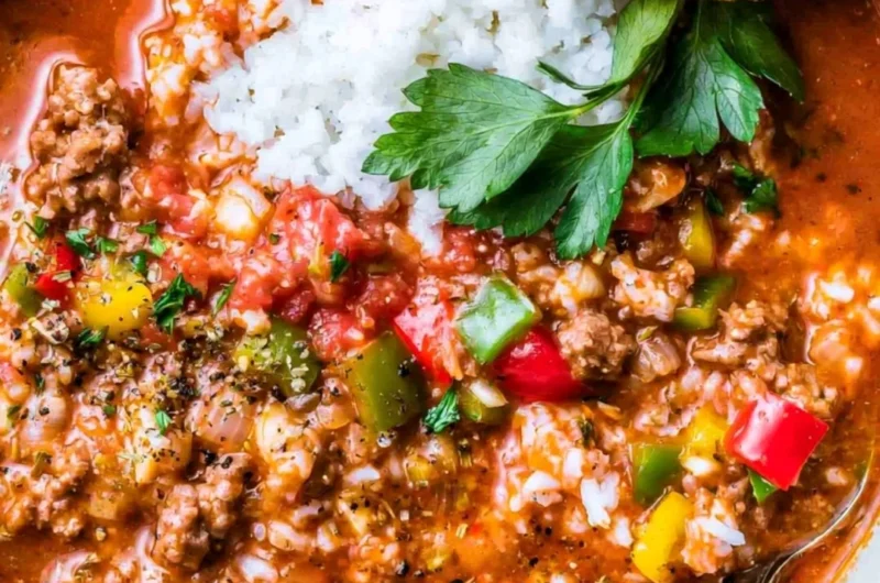 Bowl of delicious stuffed bell pepper soup garnished with fresh herbs.